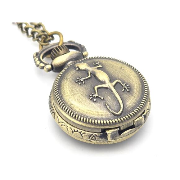 Lizard Pendant Watch - Mini Pocket Watch Vintage Look Gecko Iguana Necklace - Picture 6 of 10